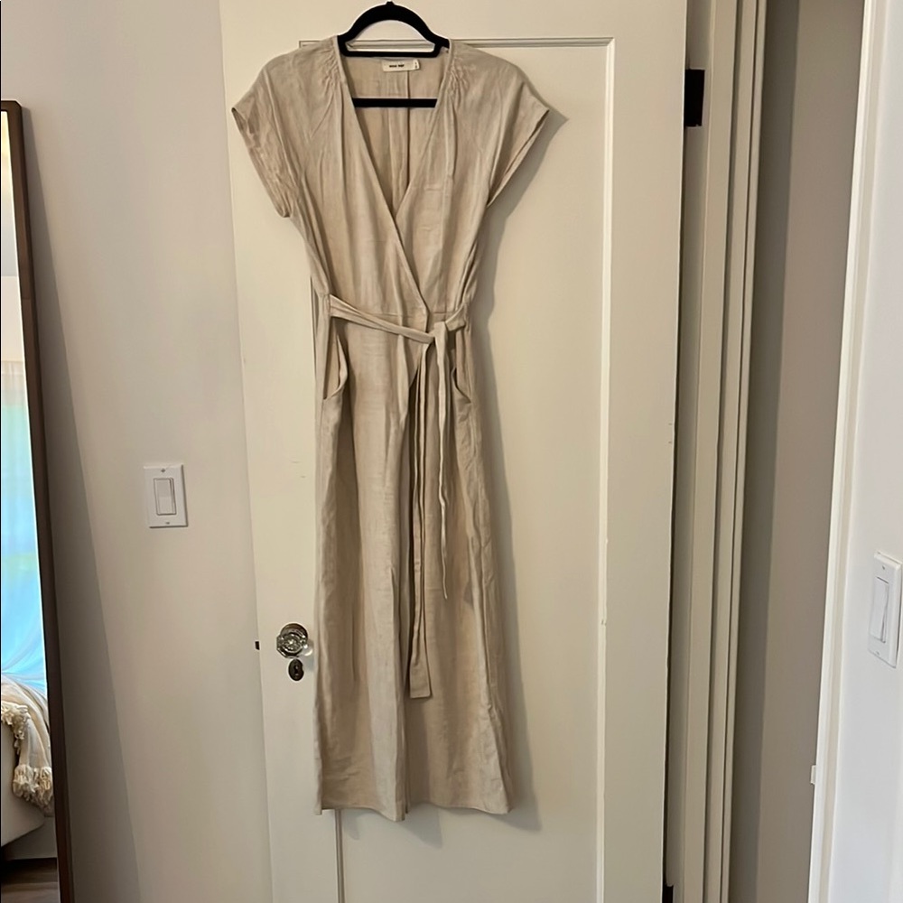 Cotton Linen Beige Cream Wrap Jumpsuit